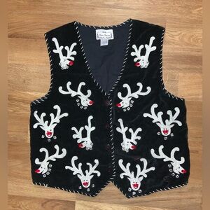 Vintage Sara Studio Reindeer vest Black Velvet Size L